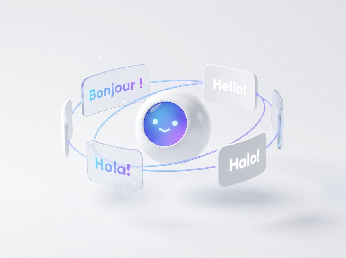 Friendly robot sphere surrounded by chat bubbles in several languages