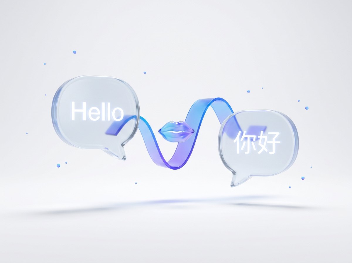 Two speech bubbles in different languages connected by an audio waveform
