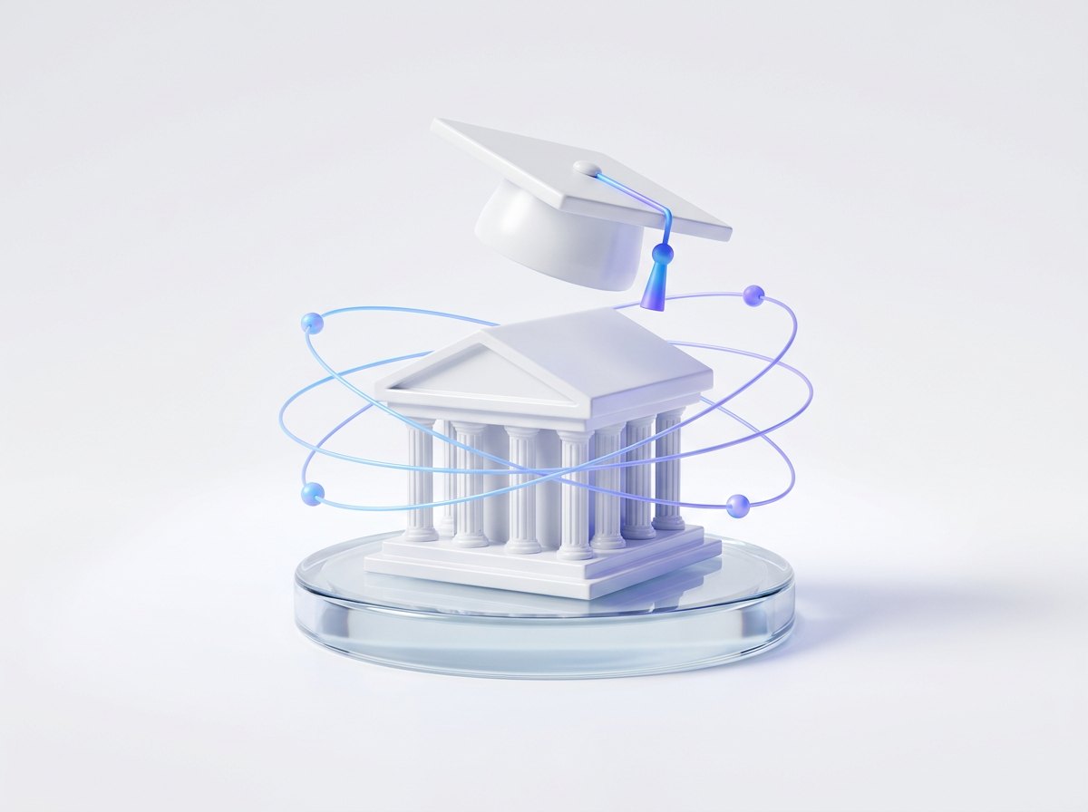 Minimal 3D university building with orbiting language nodes